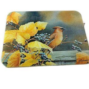 Cedar Waxwing Bird on Grapevine rectangle tempered glass cutting board 16" x 12"